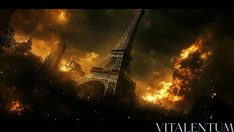 Eiffel Tower engulfed in flames amid catastrophic urban destruction.