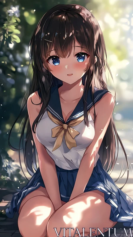 Seated anime schoolgirl is rendered in dappled outdoor light