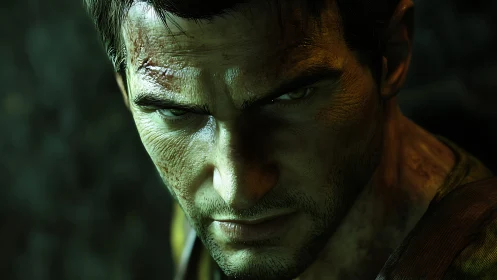 Hardened male character closeup in dramatic game lighting.