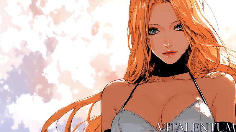 Fiery haired anime heroine gazes forward in soft light.