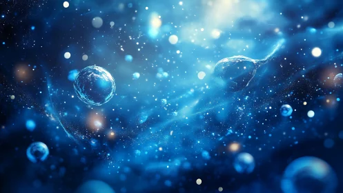 Glowing blue cosmic bubbles drift through a dreamy starfield