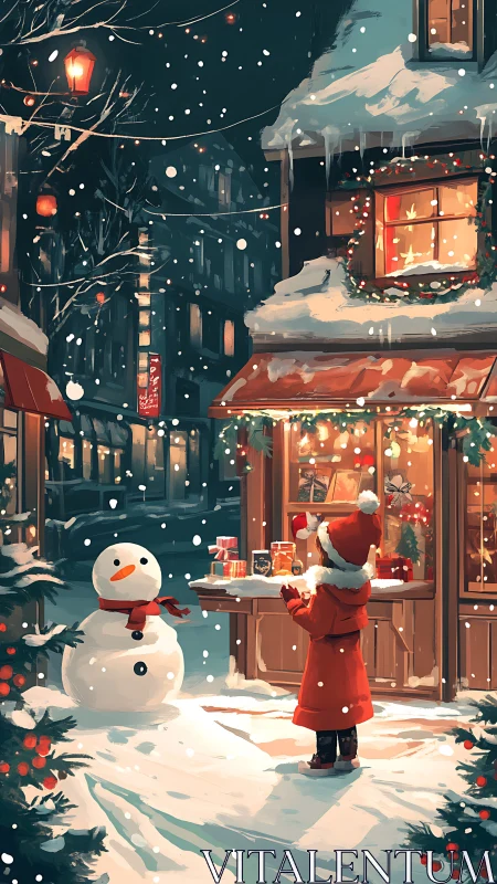 Child admires cozy Christmas shopfront on a snowy evening