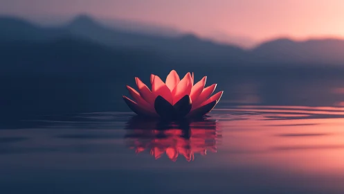 Lotus flower floating on calm lake at soft dusk light.