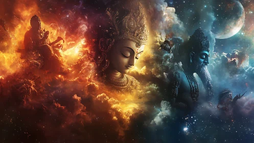 Cosmic deities in fiery and celestial convergence panorama.