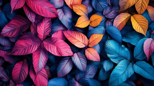 Chromatic foliage tapestry in neon magenta, blue and gold.