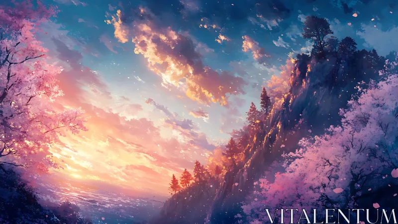 Sunset sky illuminates cliffside forest and cherry blossoms