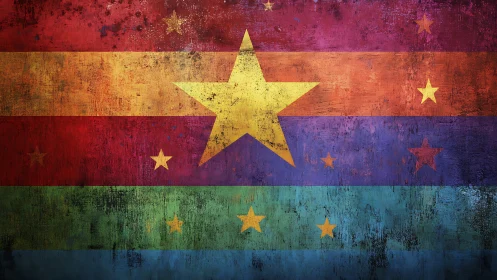 Textured rainbow flag with distressed golden star motif.