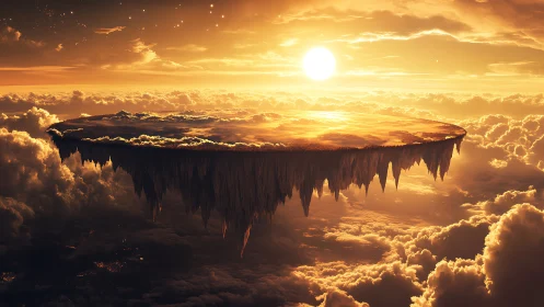 Suspended Landmass Above Cloud Formation With Dramatic Golden Atmospheric Illumination