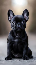 Glossy black French bulldog puppy in shallow focus portrait.