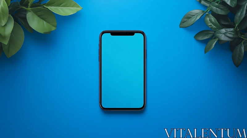 Smartphone mockup on blue surface with botanical elements