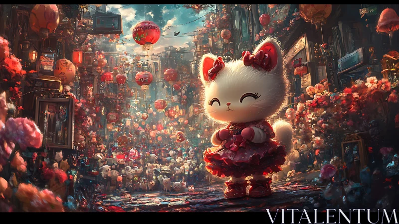 Luminous chibi cat avatar in lantern-saturated festival street.