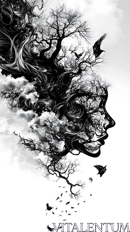 Surreal female profile merges trees, clouds, swirling birds.