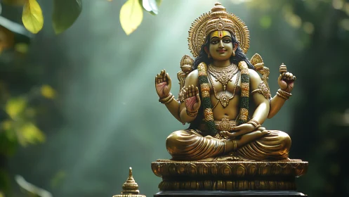 Gold deity sculpture glows within lush forest light.