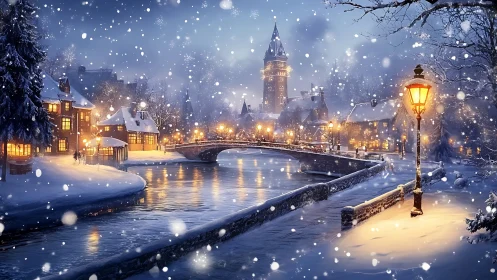 Snowy riverside town glows under warm winter lamplight.