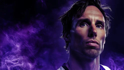 Male subject portrait uses dramatic lighting and purple haze