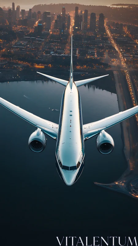 Airliner nose-on over dusk city with reflective waterfront.