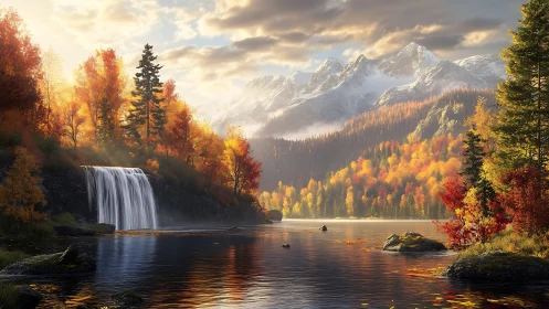 Golden autumn waterfall shimmers beneath misty alpine peaks