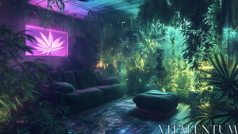 Neon jungle lounge wrapped in lush cannabis dreamlight.