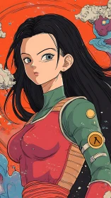 Stoic anime warrior stands before swirling cosmic storm.