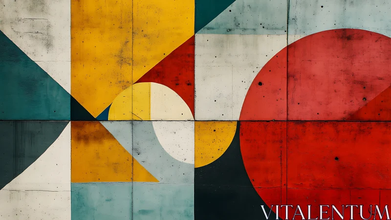 Geometric color-field mural with intersecting circles and planes.