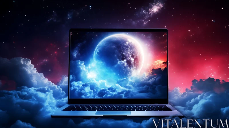 Laptop window opening a dreamy galaxy of clouds and stars.