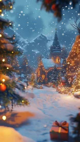 Snowy Christmas village glows with gentle festive warmth