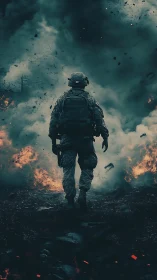 Solitary soldier advancing through smoke and scattered fire.