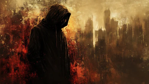 Hooded figure stands before abstract burning cityscape