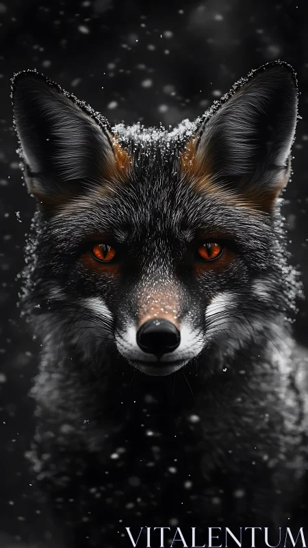 Snowlit fox gazes warmly through the quiet winter night