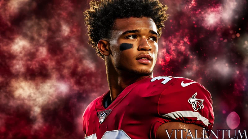 Young football star looking ahead with bold, hopeful focus.