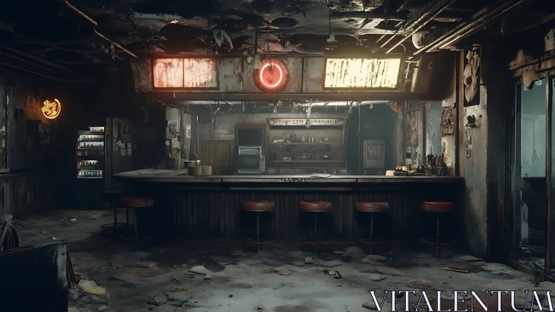 Neon ghosts linger above a ruined retro diner barroom.