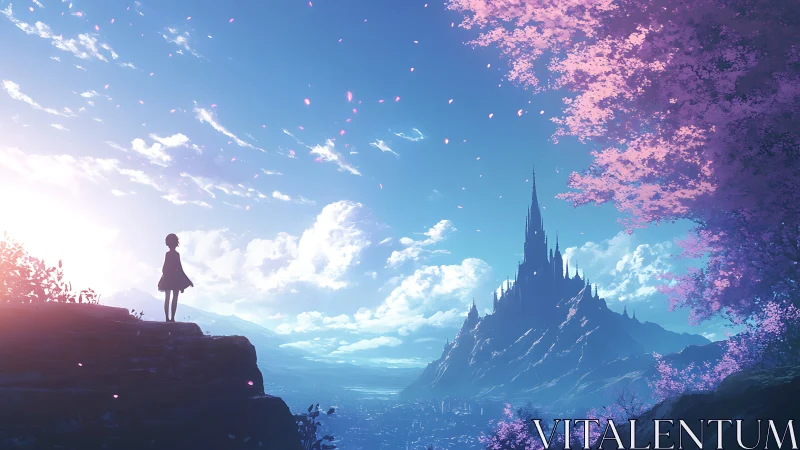 Girl on cliff facing distant fantasy castle at sunrise.