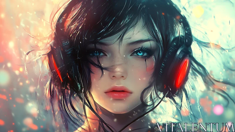 Electric daydream girl with glowing headphones in neon haze.