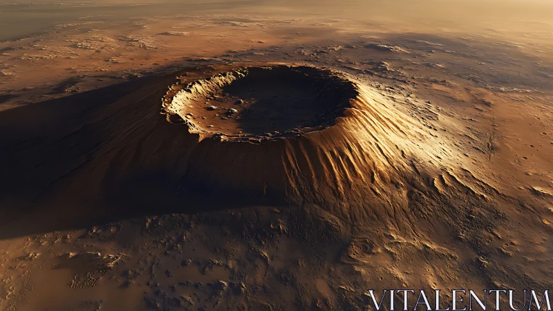 Aerial Martian caldera with stratified erosional escarpment.