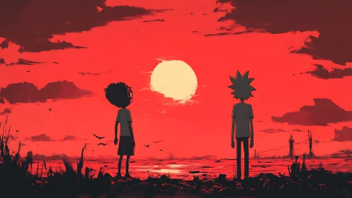Backlit silhouettes watching oversized sun over crimson plain