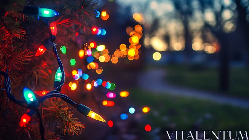 Gentle dusk glow with colorful string lights in soft focus.
