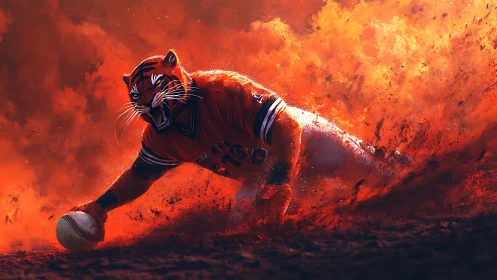 Anthropomorphic tiger baseman slides through erupting orange dust