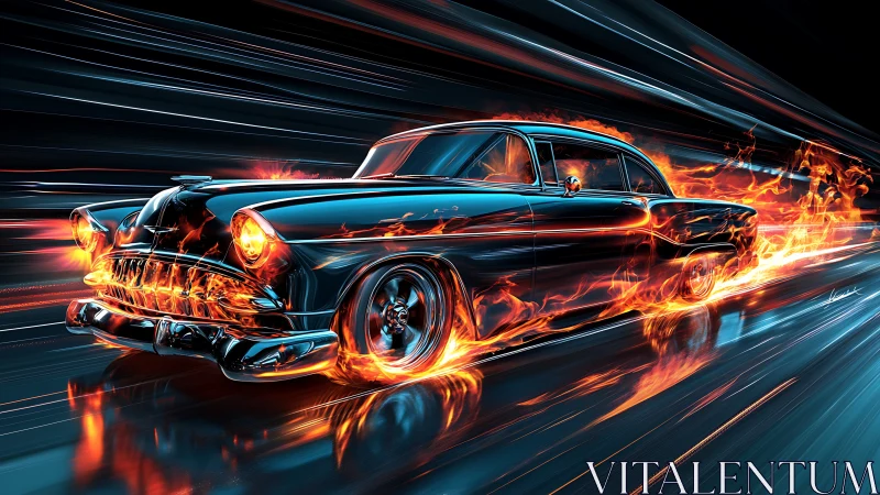 Vintage muscle car accelerates through neon fire trails at speed