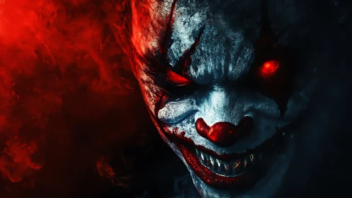 Demon carnival clown grins through infernal red smoke.
