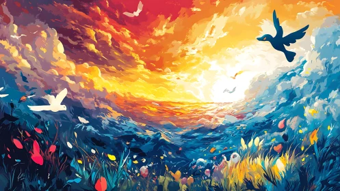Soaring birds over a glowing ocean sunset dreamscape.