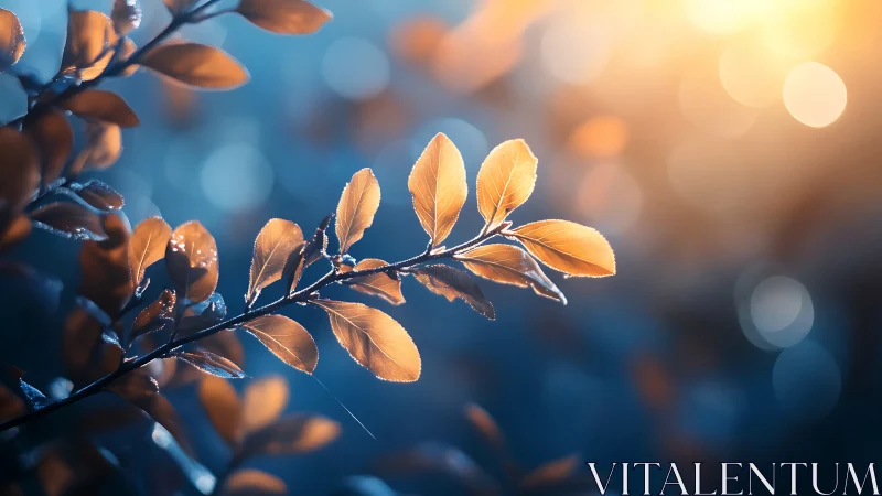 Backlit branch displays orange leaves against cool blue bokeh