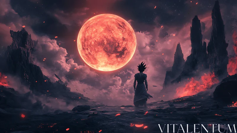 Warrior beneath colossal blood moon in infernal wasteland.