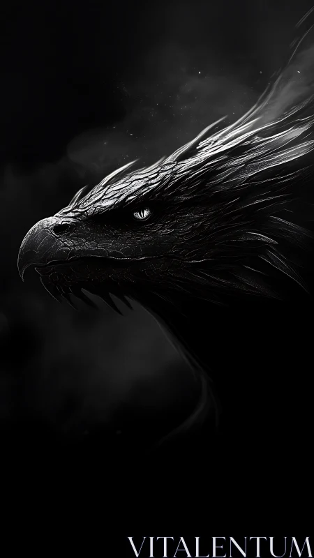 Monochrome side profile of a detailed dragon head silhouette.