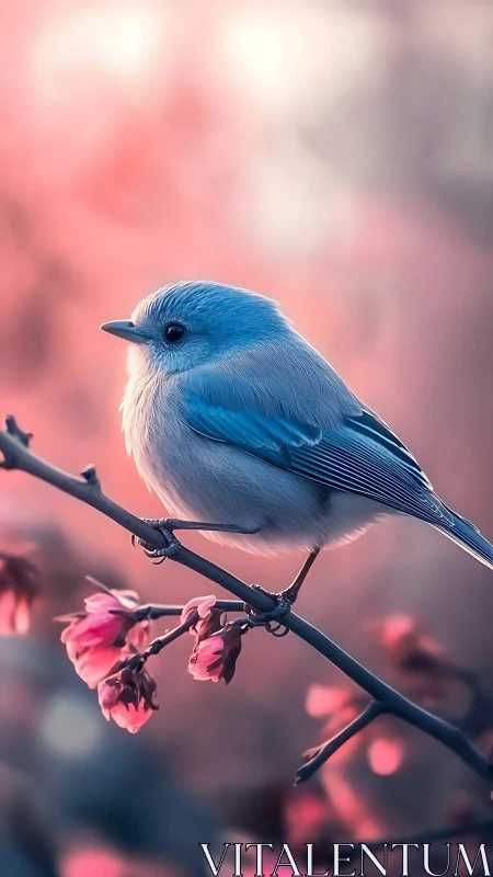 Pastel blue songbird perches on flowering branch in shallow focus