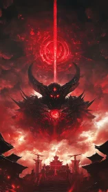 Monolithic demonic war-machine hovers above citadel under radial beam