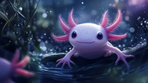 Smiling pink axolotl resting in a softly lit stream.