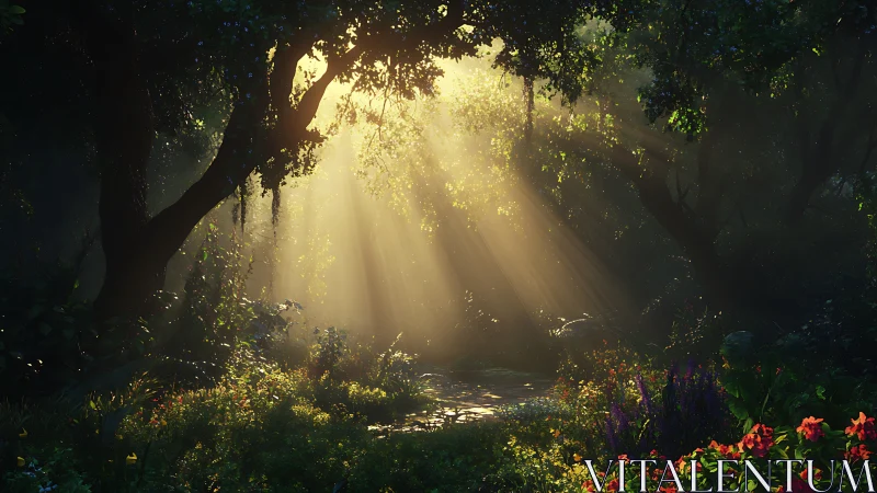 Enchanted Forest Glade with Golden Sunlight and Vibrant Blossoms