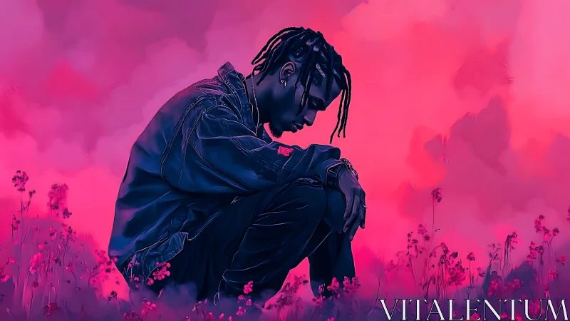 Melancholic figure in neon magenta digital meadowscape.