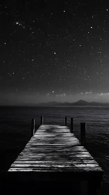 Nocturnal lakeside pier extends beneath a densely starred sky