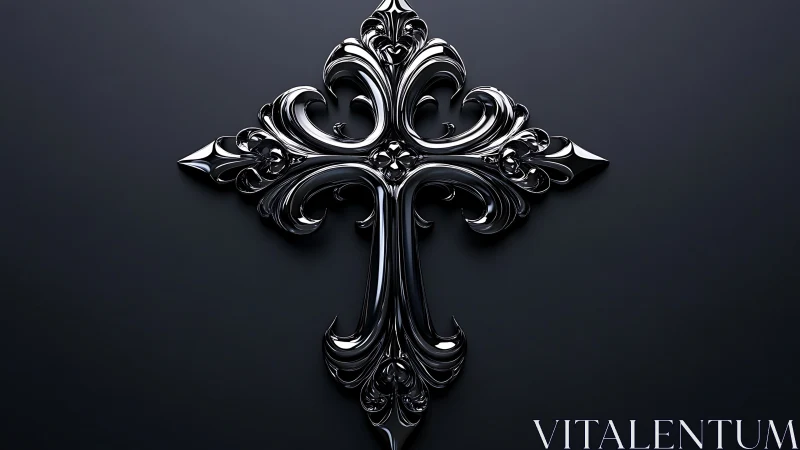 Baroque metallic cross emblem on deep charcoal field.